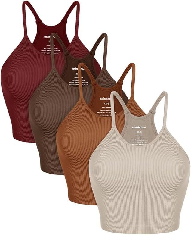 ASLABCREW Women's Crop 4 Piece Seamless Ribbed Camisole Strappy Cropped Tank Tops | Amazon (US)