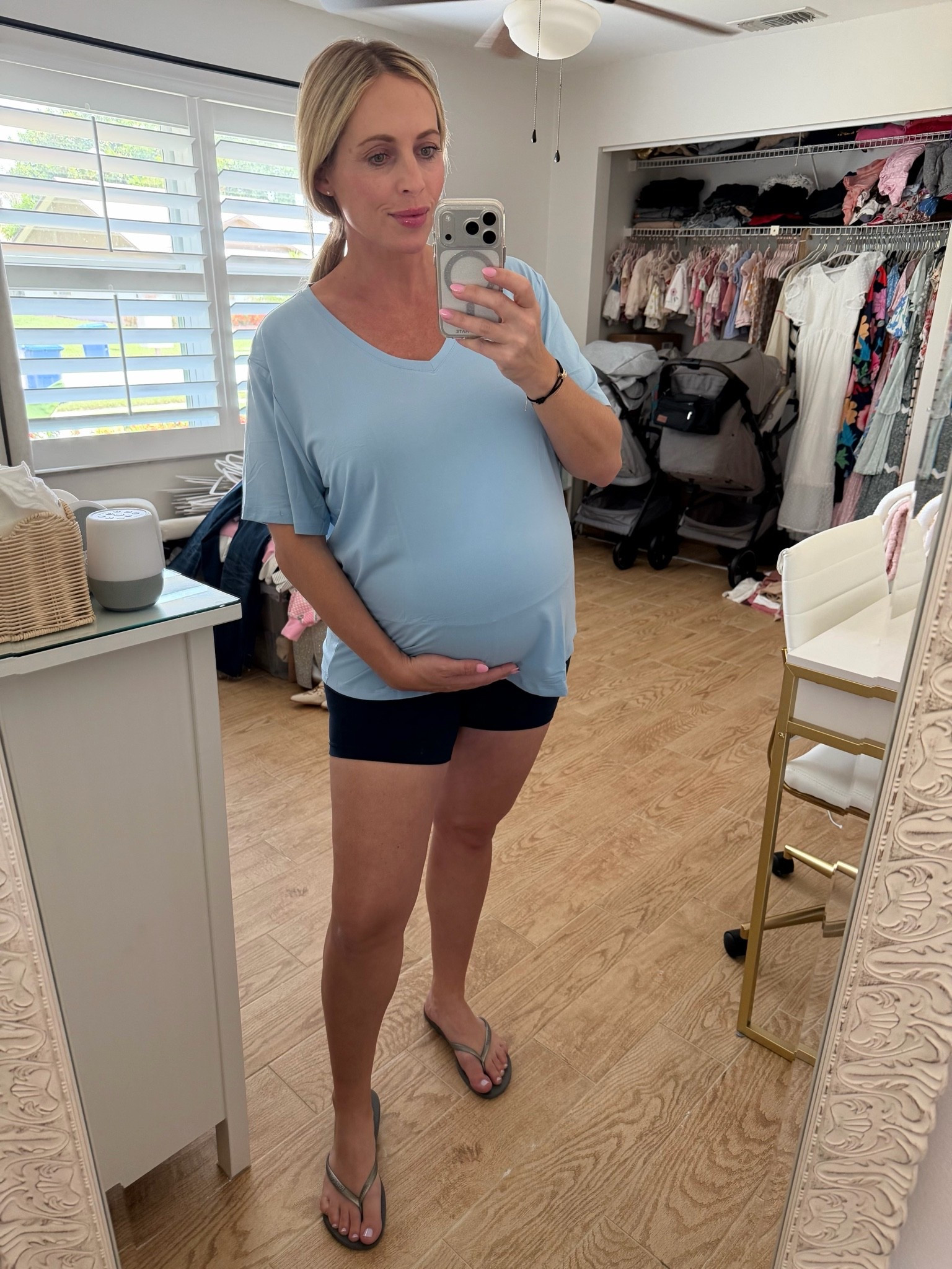 V-neck t-shirt. Biker shorts. Flip flops. Pregnancy style. Maternity outfit.

#LTKootd #LTKActive #LTKBump