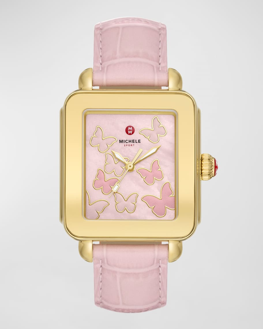 34mm Deco Sport Butterfly Watch with Leather Strap, Gold/Pink | Neiman Marcus