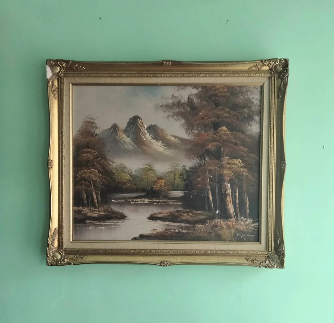 Vintage 1980s Original Oil Painting of Mountains River Trees in Gilt Frame 29.5 - Etsy UK | Etsy (UK)