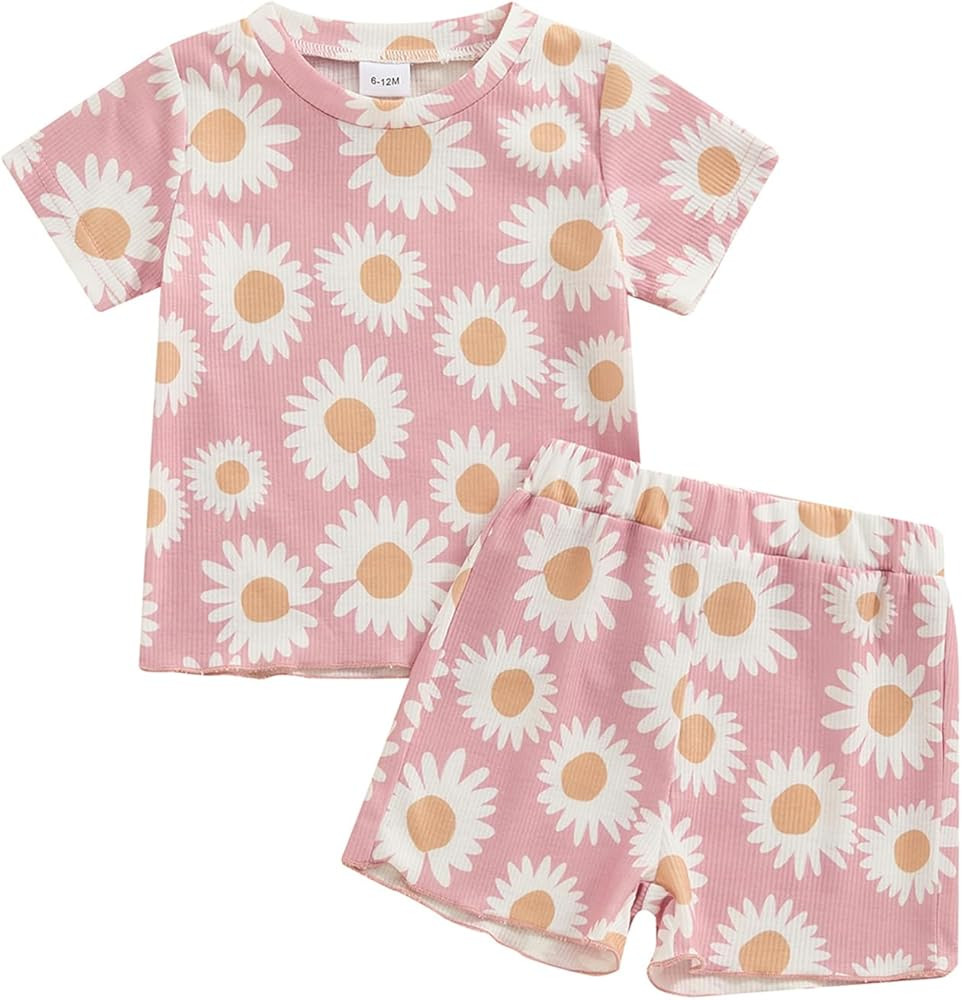 Toddler Baby Girl Clothes Summer Short Sleeve Floral Print T Shirt Tops + Elastic Shorts Set Infa... | Amazon (US)