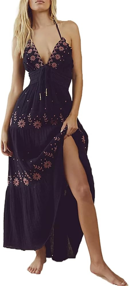 Women Backless Flowy Boho Maxi Dress Sexy Strappy Low Cut Long Dress Casual Tiered Summer Vacatio... | Amazon (US)