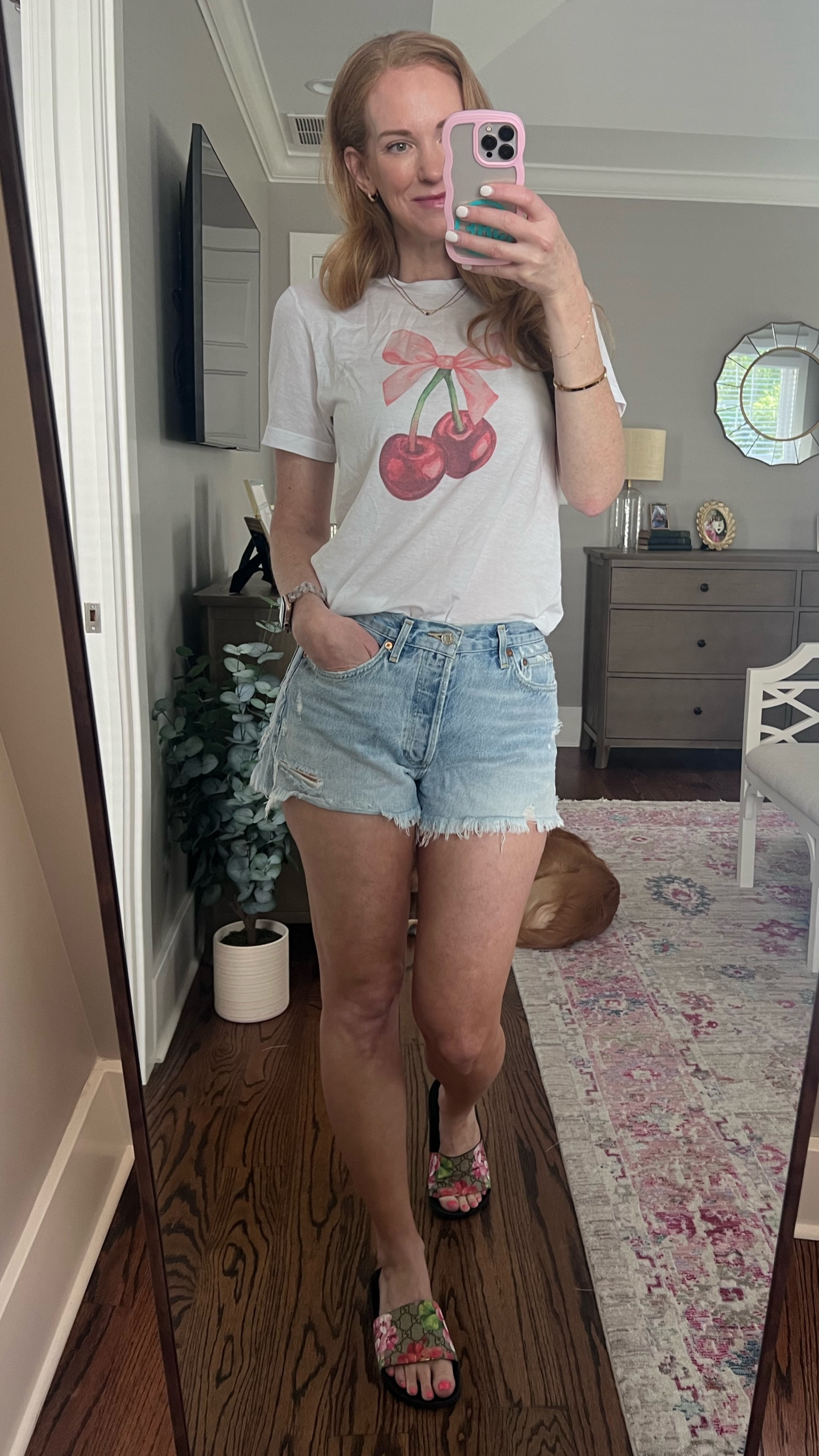 This t-shirt is just the cherry on top for any casual summer day! 🍒
I am also so glad I invested in these Gucci slides because they are so comfortable and neutral but with a pop of fun! 

#LTKShoeCrush #LTKSeasonal #LTKOver40
