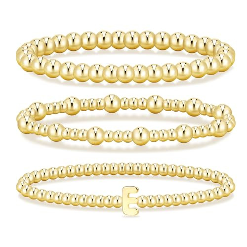 Gold Initial Bracelets for Women, 14K Gold Plated Beaded Bracelets Stretch Ball stack Set Adjustable Set Jewelry for Gifts-E | Amazon (US)