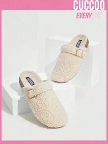 Cuccoo Everyday Collection Women's Round Toe Slip On Fur Slippers With Buckle Decor, Suitable For... | SHEIN
