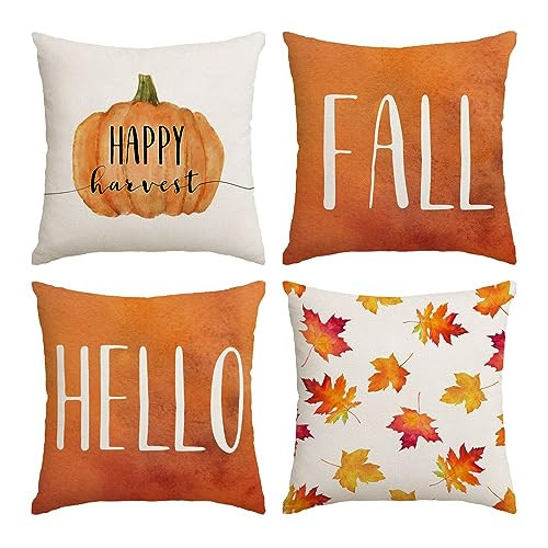 Set of 4 Fall Pillow Covers 22x22 Inch Hello Thanksgiving Decor Throw Pillows Pumpkins Autumn Leaves Decorative Home Outdoor Sofa Couch Cases for Fall Theme Decorations | Amazon (US)