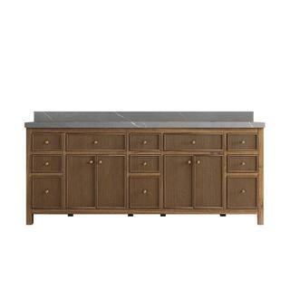 Sonoma Teak 84 in. W x 22 in. D x 36 in. H Double Sink Bath Vanity in Dark Teak with 2"" Piatra Quartz Top | The Home Depot