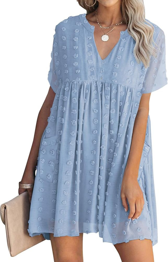 MIHOLL Women's V Neck Short Sleeve Ruffle Loose Summer Flowy Mini Dress | Amazon (US)