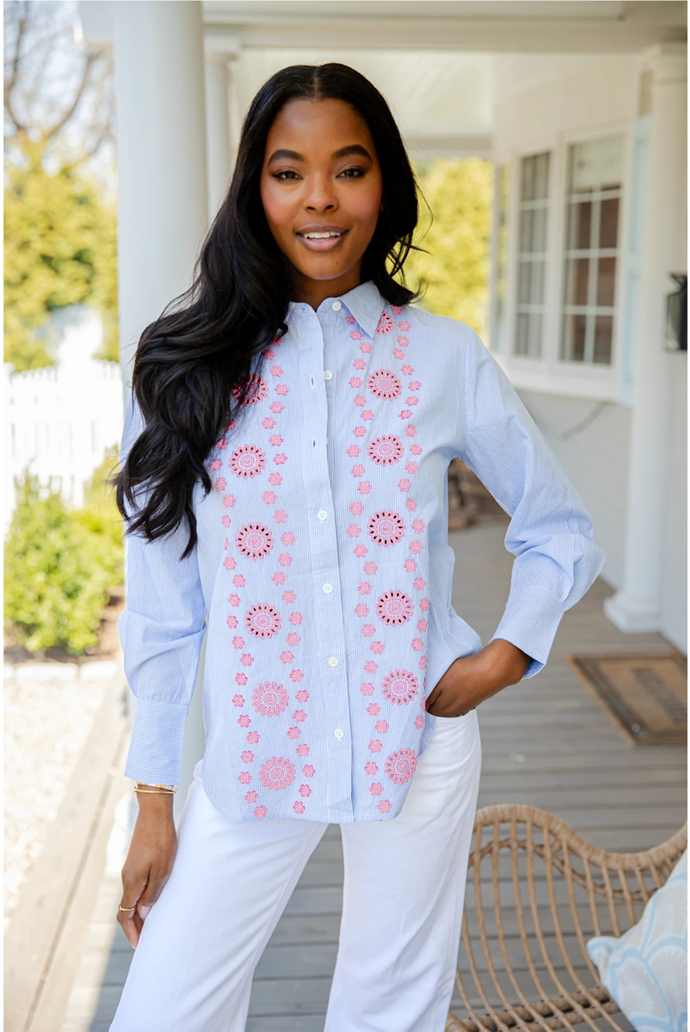 Blue & White Embroidered Button Down Shirt | Sail to Sable