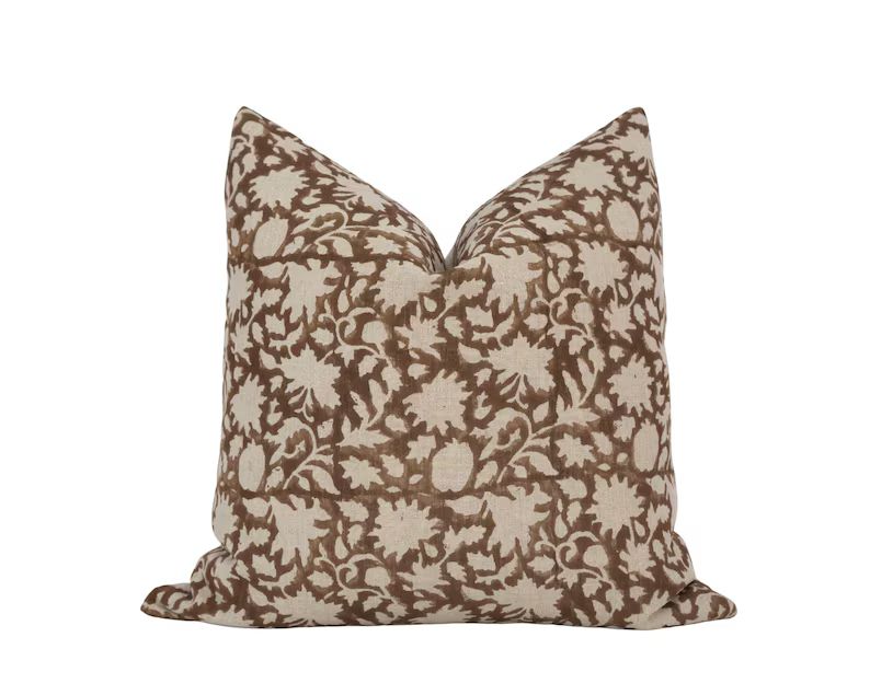 ESME || Warm Brown Floral Pillow Cover Brown Block Print Pillow Designer Linen Pillow Farmhouse F... | Etsy (US)