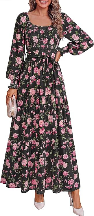 dowerme Women Fall Long Sleeve Boho Floral Maxi Dress | Sweetheart Neck Smocked A Line Wedding Gu... | Amazon (US)
