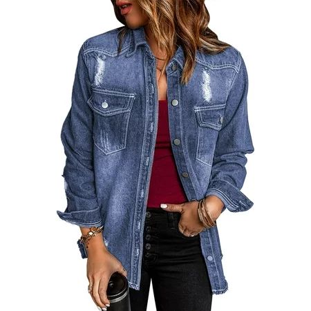 Astylish Distressed Denim Jackets for Women Boyfriend Long Sleeve Ripped Jean Jacket with Pockets | Walmart (US)