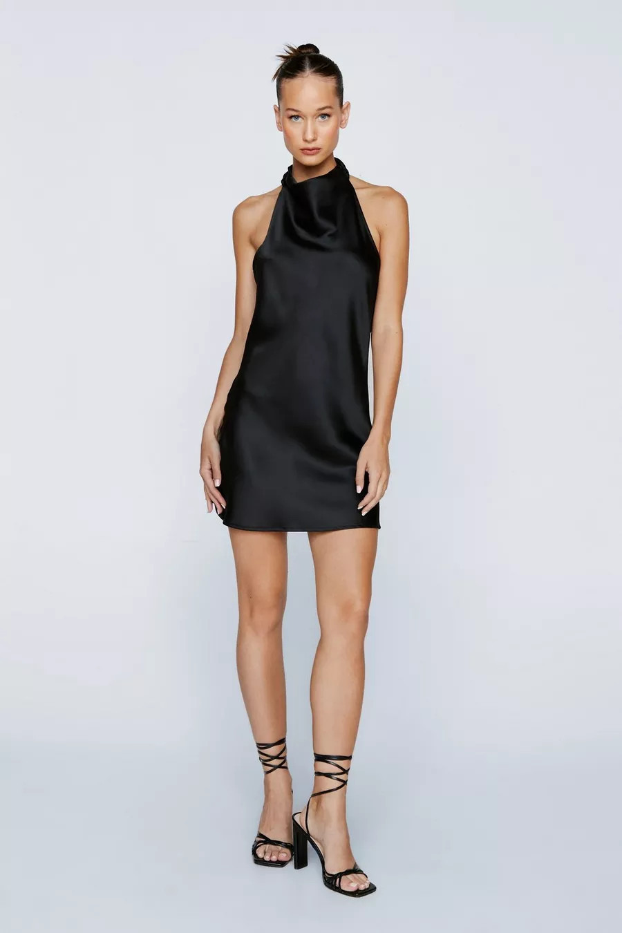 Petite Satin Cowl Halter Neck Mini Dress | Nasty Gal (US)