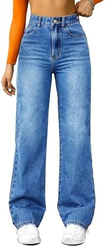 FUNUCA Straight Leg Jeans for Women,High Waisted Wide Leg Loose Microelastic Boyfriend Denim Pant... | Amazon (US)