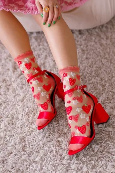 Sock Candy Strawberry Daisy Ruffle Sheer Sock in Red, Women's at Urban Outfitters | Urban Outfitters (US and RoW)