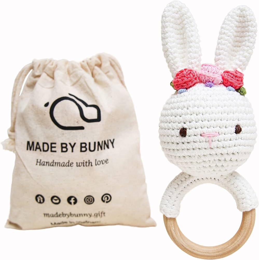 Bunny White Bunny rattles Toy for Young Children, Handmade Woolen Toy with Strict Quality Testing... | Amazon (US)