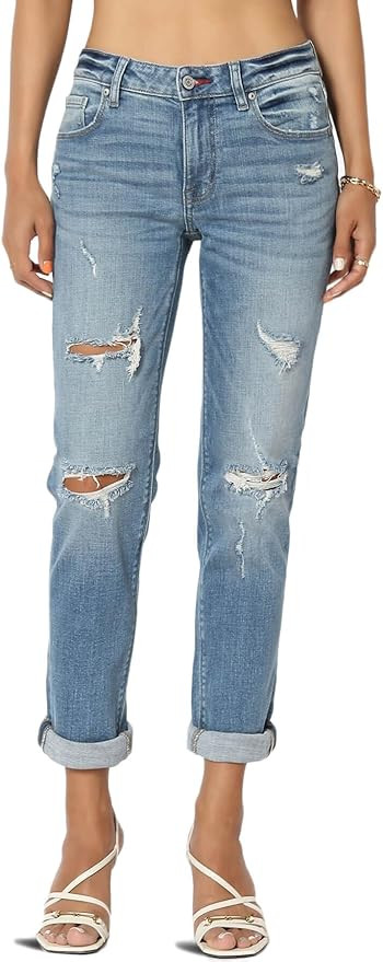 TheMogan Women's Distressed Destructed Washed Denim Mid~High Rise Relaxed Boyfriend Jeans | Amazon (US)
