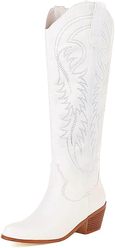 Womens Cowgirl Boots Western Embroidered Knee High Pull on Tall Wide Calf Knee High Boots Autumn Wes | Amazon (US)