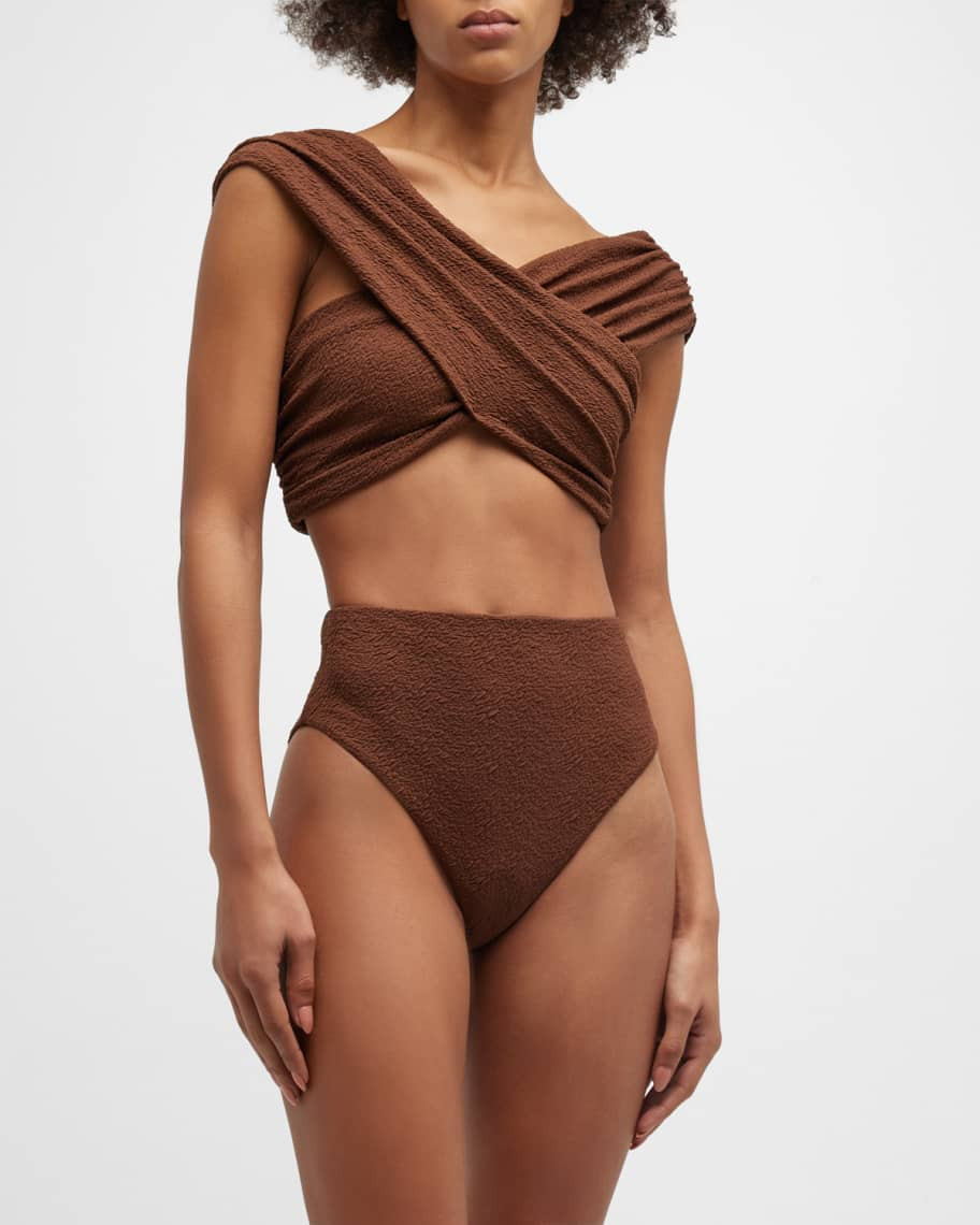 Mara Hoffman Imina High-Waist Crinkled Jacquard Bikini Bottoms | Neiman Marcus