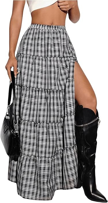 SHENHE Women's Plaid Maxi Skirt High Slit A\u2011Line Tiered Y2k Skirt | Amazon (US)