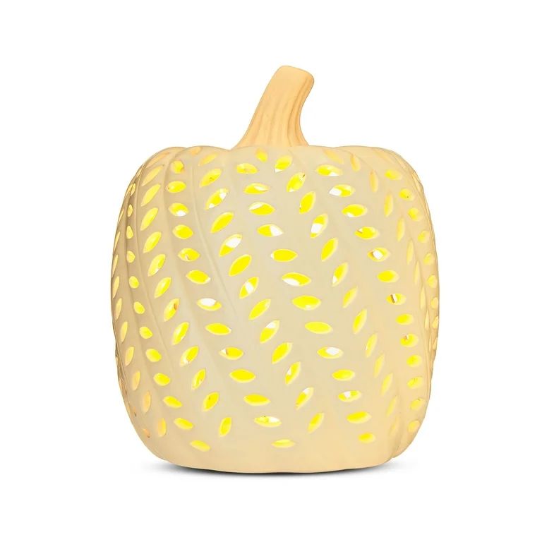 Harvest Pre-Lit White Ceramic Pumpkin Decoration, 8 in, by Way To Celebrate | Walmart (US)