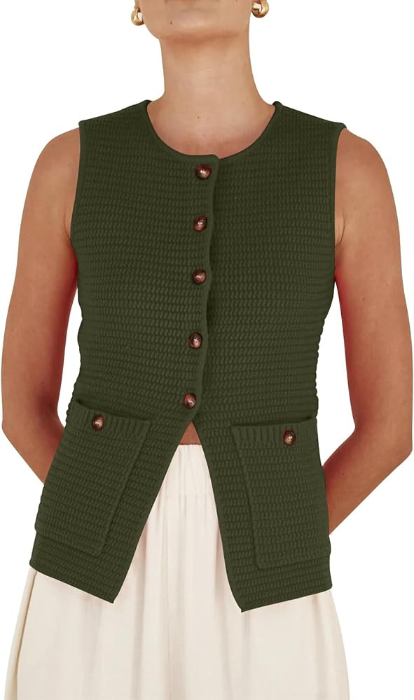 Womens Crochet Chunky Knit Top Sleeveless Button Down Tops Trendy Cardigan Sweater Vest for Women... | Amazon (US)