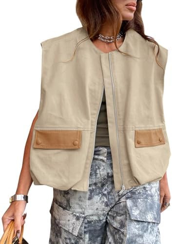 Tankaneo Womens Streetwear Vest Cargo Oversized Sleeveless Jackets Tops | Amazon (US)