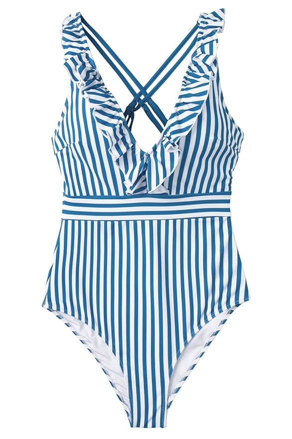 CUPSHE Women's Blue White Stripe Ruffled One Piece Swimsuit | Amazon (US)