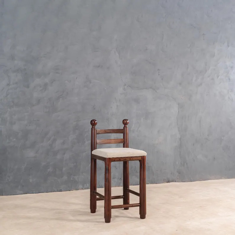 Rustic Upholstered Wooden Ghumti top Counter Stool | Reclaimed Wood Bar Chair with Backrest | Han... | Etsy (US)