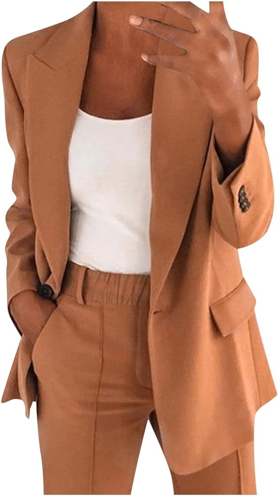 HGps8w 2 Piece Outfits for Women Dressy Work Pants Suits, Blazer Jacket & Straight-Leg Long Pants... | Amazon (US)