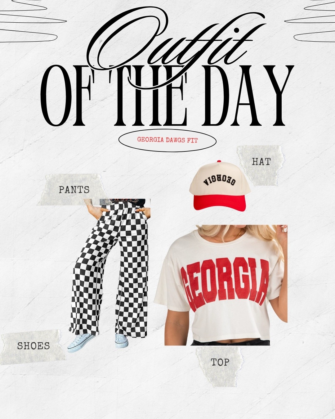 Game day with a bold twist 🐾🖤 This UGA outfit features black + white checkered pants, a cropped Georgia tee, sneakers, and a red cap. The perfect streetwear-inspired Dawgs look for tailgates, Sanford Stadium, or casual Saturdays in Athens.

#LTKStyleTip #LTKSeasonal #LTKFindsUnder100