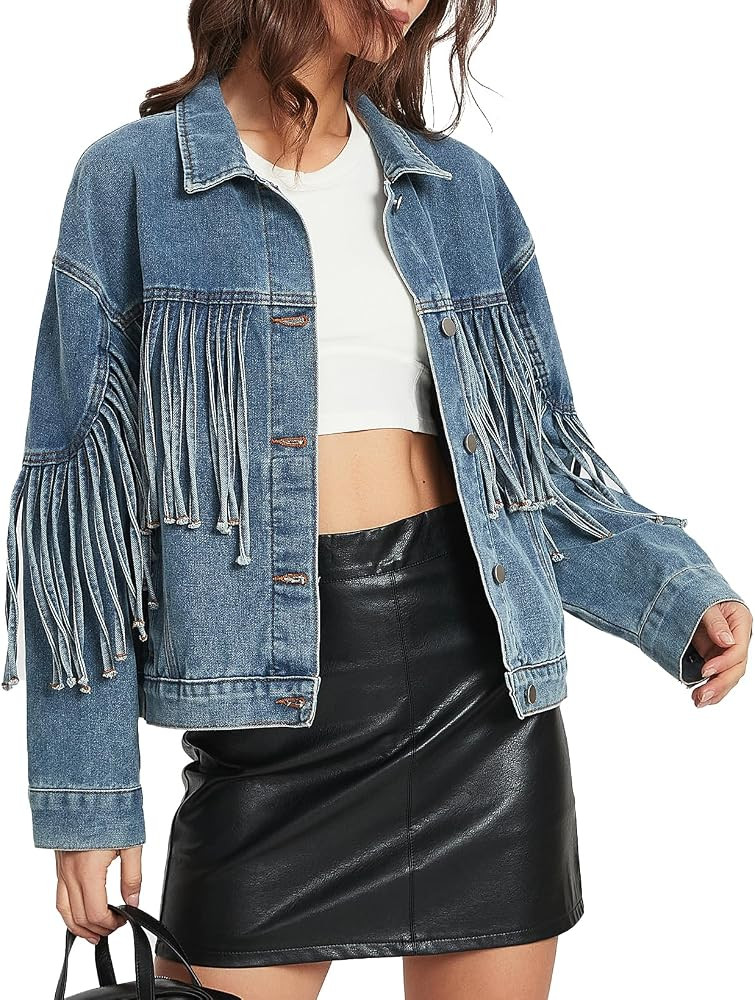 Ladyful Women's Oversized Fringed Denim Jacket Tassel Long Sleeve Jean Jacket 2026 Western Countr... | Amazon (US)