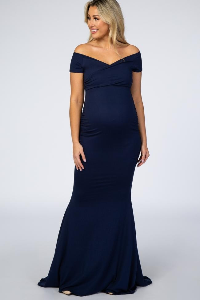 PinkBlush Navy Off Shoulder Wrap Maternity Photoshoot Gown/Dress | PinkBlush Maternity