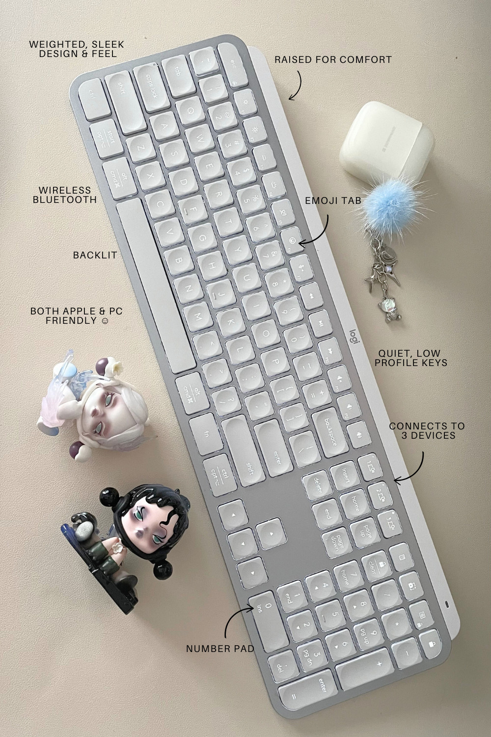 I am so picky with keyboards and this one made my work life so much easier. I am PASSIONATE about this bluetooth wireless keyboard. 

Best keyboard for office work, home office, creatives! I searched long and hard, wasted my money on bad keyboards when this was the ONE all along!

Favourite features: 
* weight & feel - so sleek with the white & metal combo. Easy to clean, doesn’t leave obvious fingerprints like black keyboards 
* EMOJI tab?! I use emojis a lot and this is even better than the keyboard shortcuts. 
* low profile keys - helps me type faster, lighter, and ensures I edit my work quick. Fingertips just glide. 
* both apple & pc friendly. I use both and switching from one to another is just with a tap. I have my MacBook dell, iPad connected. Keys properly marked with both PC/Apple so you don’t forget which key means what for which brand. 
* quiet keys - not completely silent but it won’t annoy you. It’s a nice sound and feel. 
* number pad - calculations, excel sheets,  invoices, banking, any number typing; just way easier with this. 
* wireless/bluetooth - we have enough cords and wires. Thank Logi for this! 

#homeofficefinds #bestkeyboards 
 

 #LTKHome #LTKFindsUnder100 #LTKWorkwear