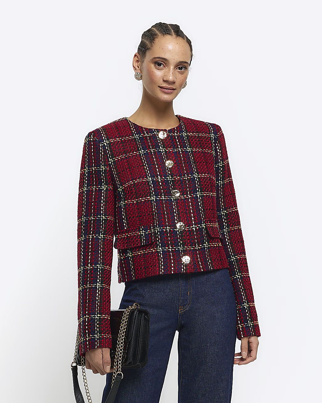 Red boucle check crop jacket | River Island (US)