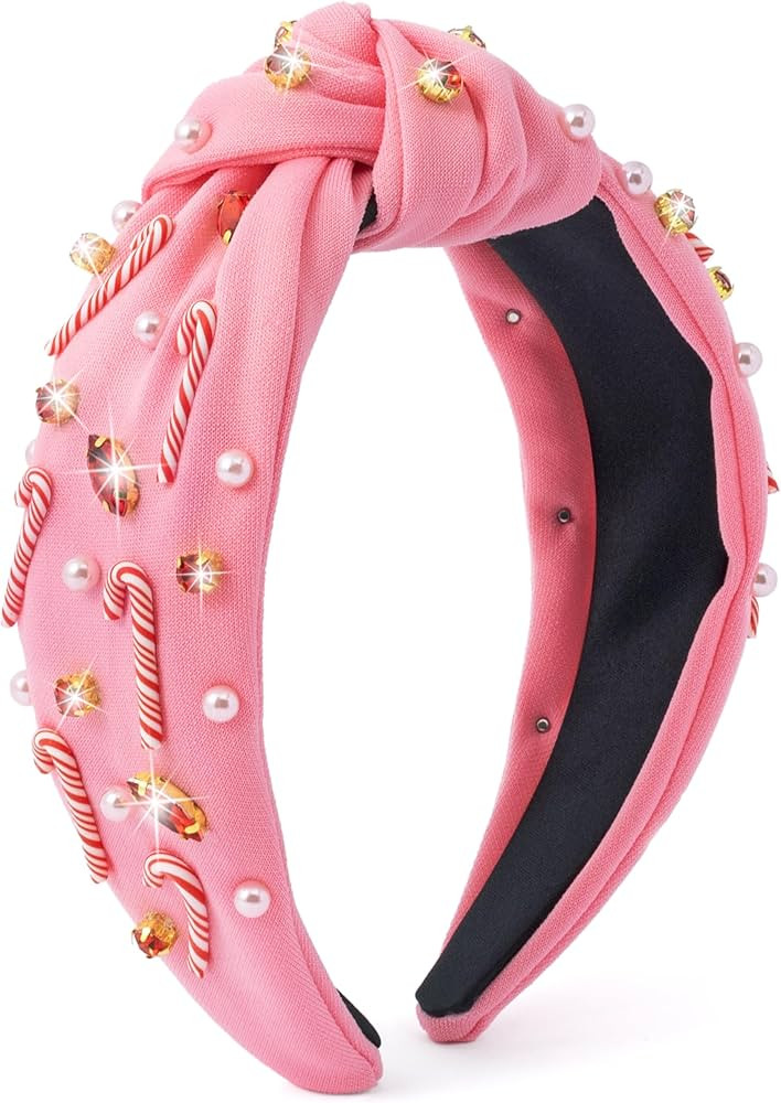 PANTIDE Christmas Jeweled Knotted Headband - Xmas Candy Cane Rhinestone Crystal Pearl Embellished... | Amazon (US)