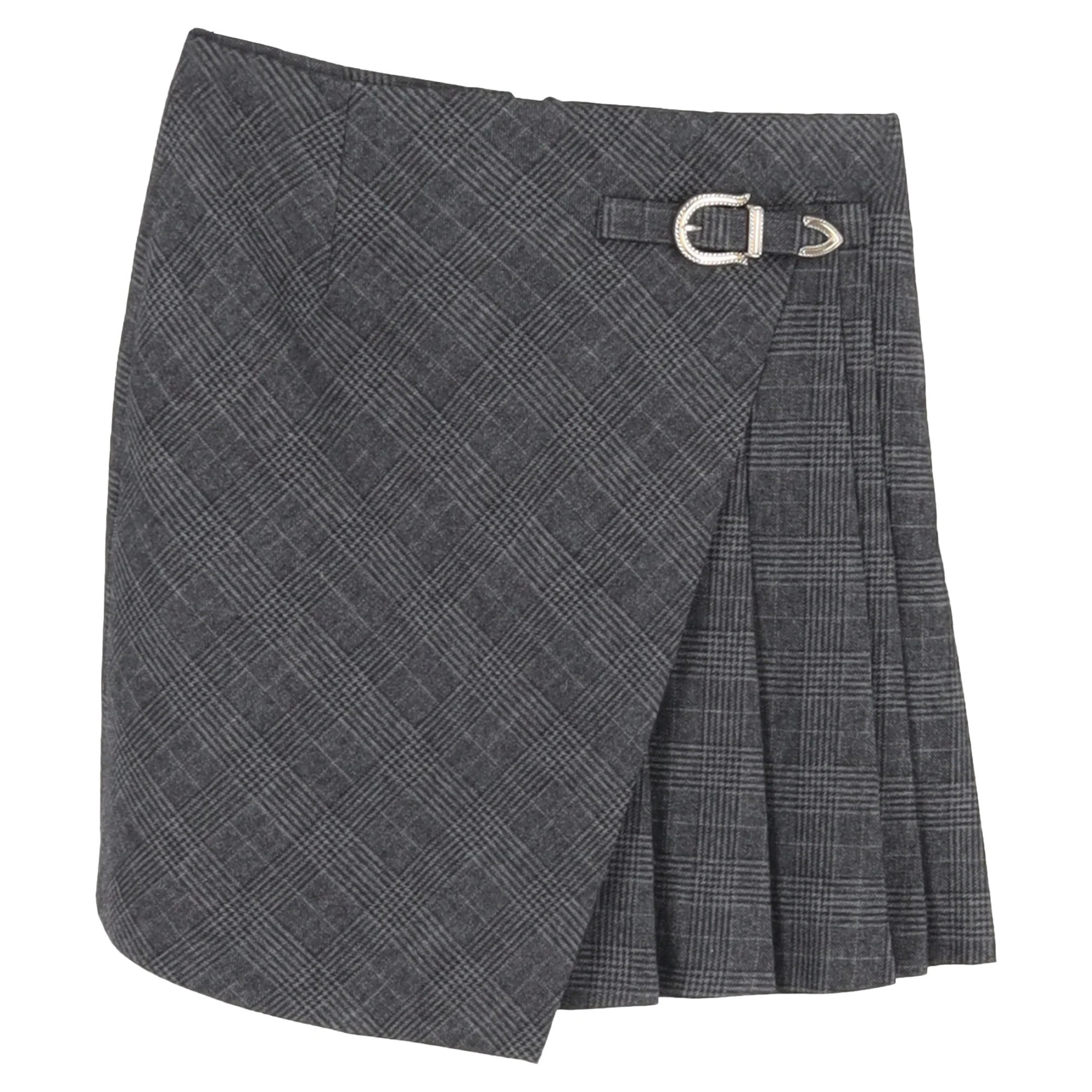 Maje Plaid Pleated Mini Skirt in Grey Wool | Shop Simon