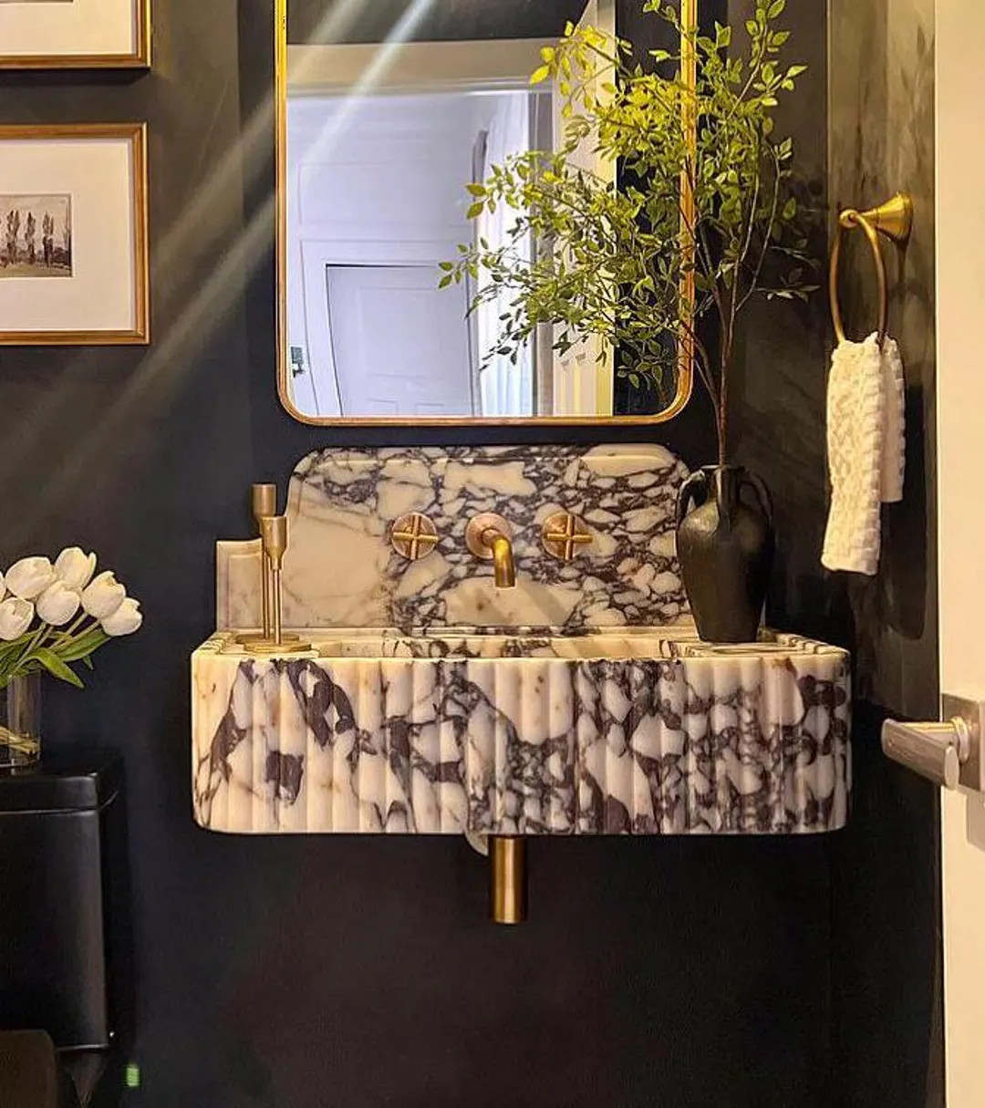 Calacatta Viola Backsplash Marble Sink With Ribbed on Three Side, Marble Sink, Custom Order Marbl... | Etsy (US)