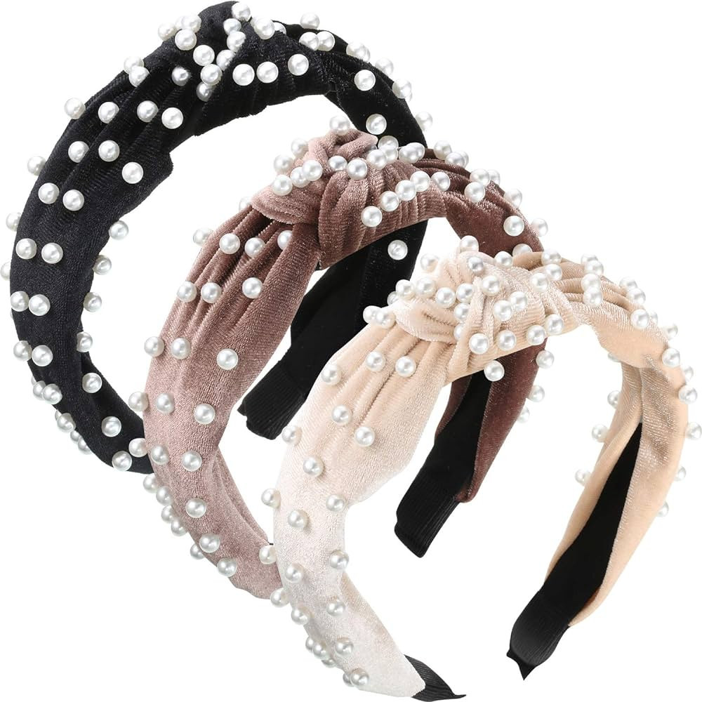 WILLBOND 3 Pieces Pearls Headband Knotted Headband for Women Velvet Pearls Headband for Girl Woma... | Amazon (US)