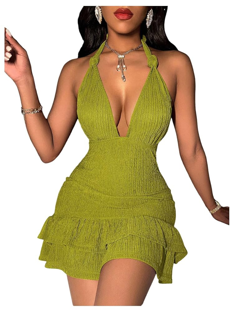 SOLY HUX Women's Summer Halter Bodycon Mini Dress Sexy Deep V Ruffle Party Cocktail Cami Dresses | Amazon (US)