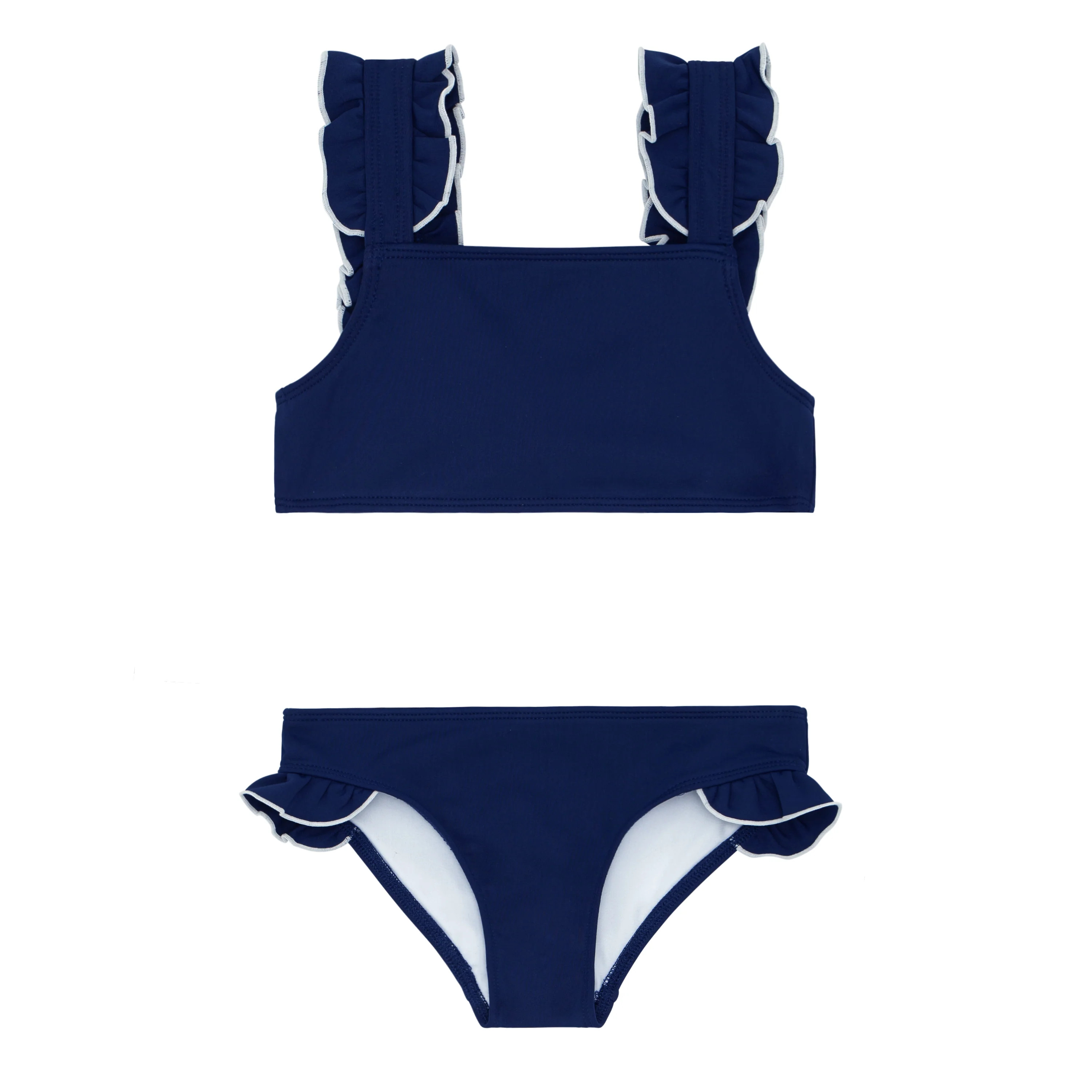 girls navy with white trim ruffle strap bikini | minnow