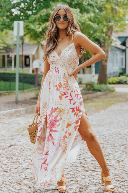 Floral Printed Crochet Lace Split Hem Maxi Dress | Magnolia Boutique