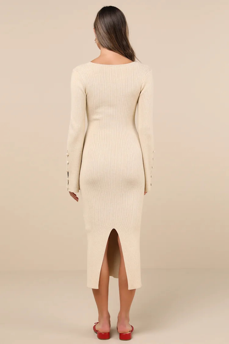 Classy Attitude Beige Ribbed Square Neck Midi Sweater Dress | Lulus