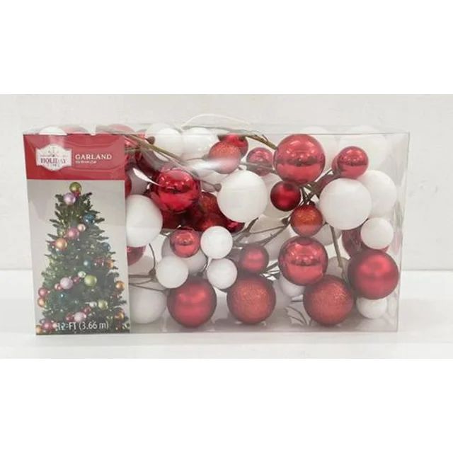 Shatterproof Red and White Ball Ornament Garland, Plastic Polystyrene, 12 ft, by Holiday Time | Walmart (US)