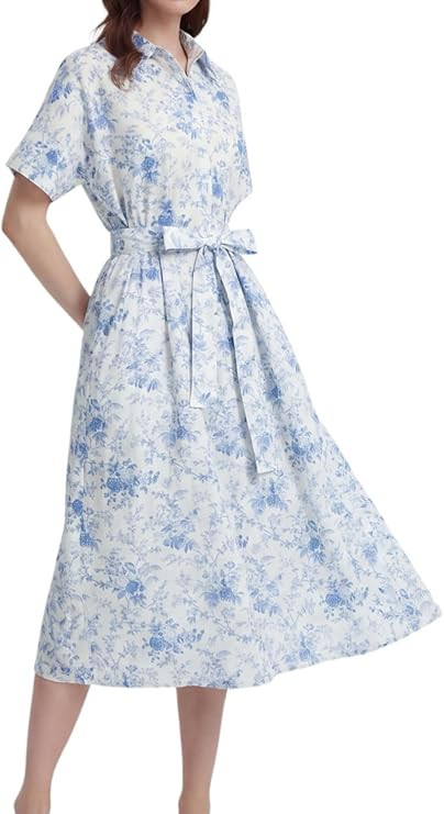 Womens Summer Floral Maxi Dress Short Sleeve V Neck Button Belt Casual Long Flowy Shirt Dress | Amazon (US)