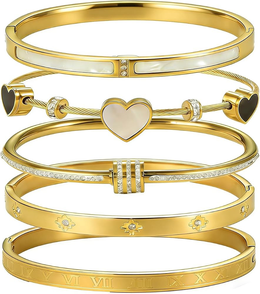 Gold Bangle Bracelets for Women 18K Gold Plated Stainless Steel 5 Pcs Stackable Bangle Bracelet S... | Amazon (US)