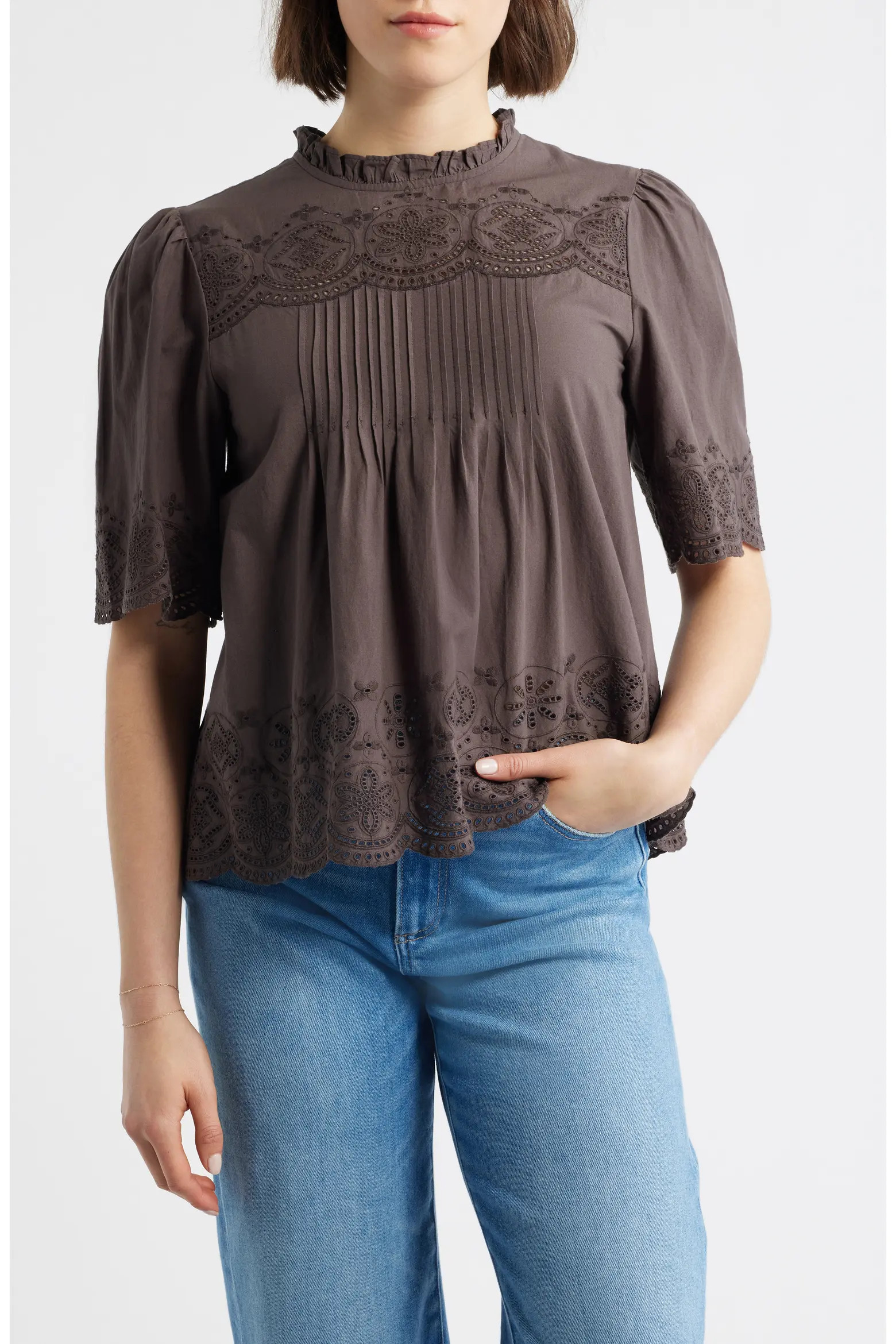 Embroidered Pintuck High Neck Cotton Voile Top (Women) | Nordstrom | Nordstrom