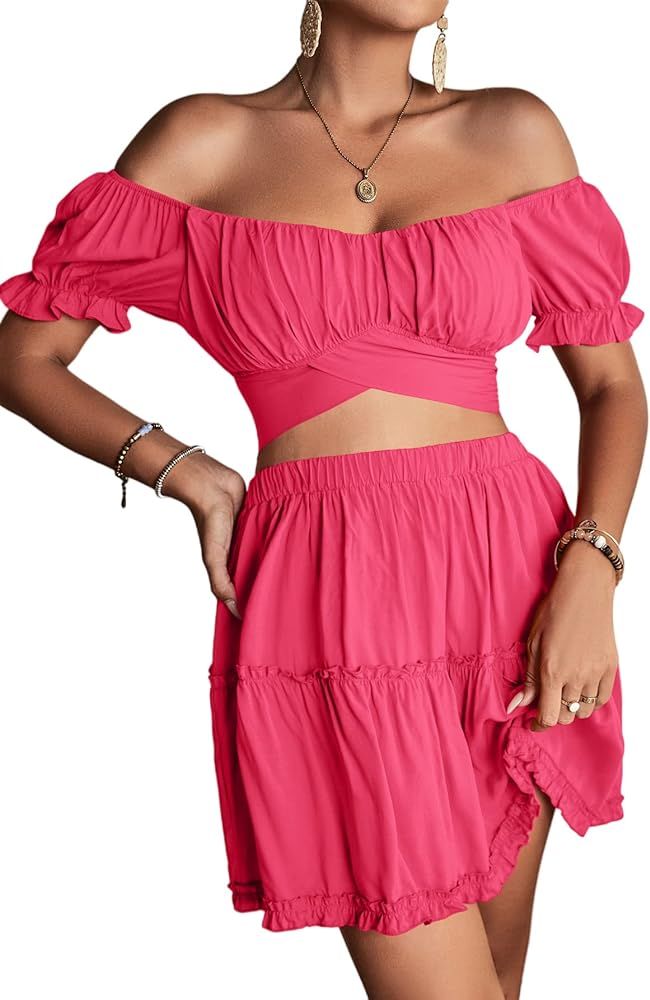 LYANER Women's 2 Piece Outfits Floral Off Shoulder Tie Up Crop Top and Mini Skirt Set | Amazon (US)