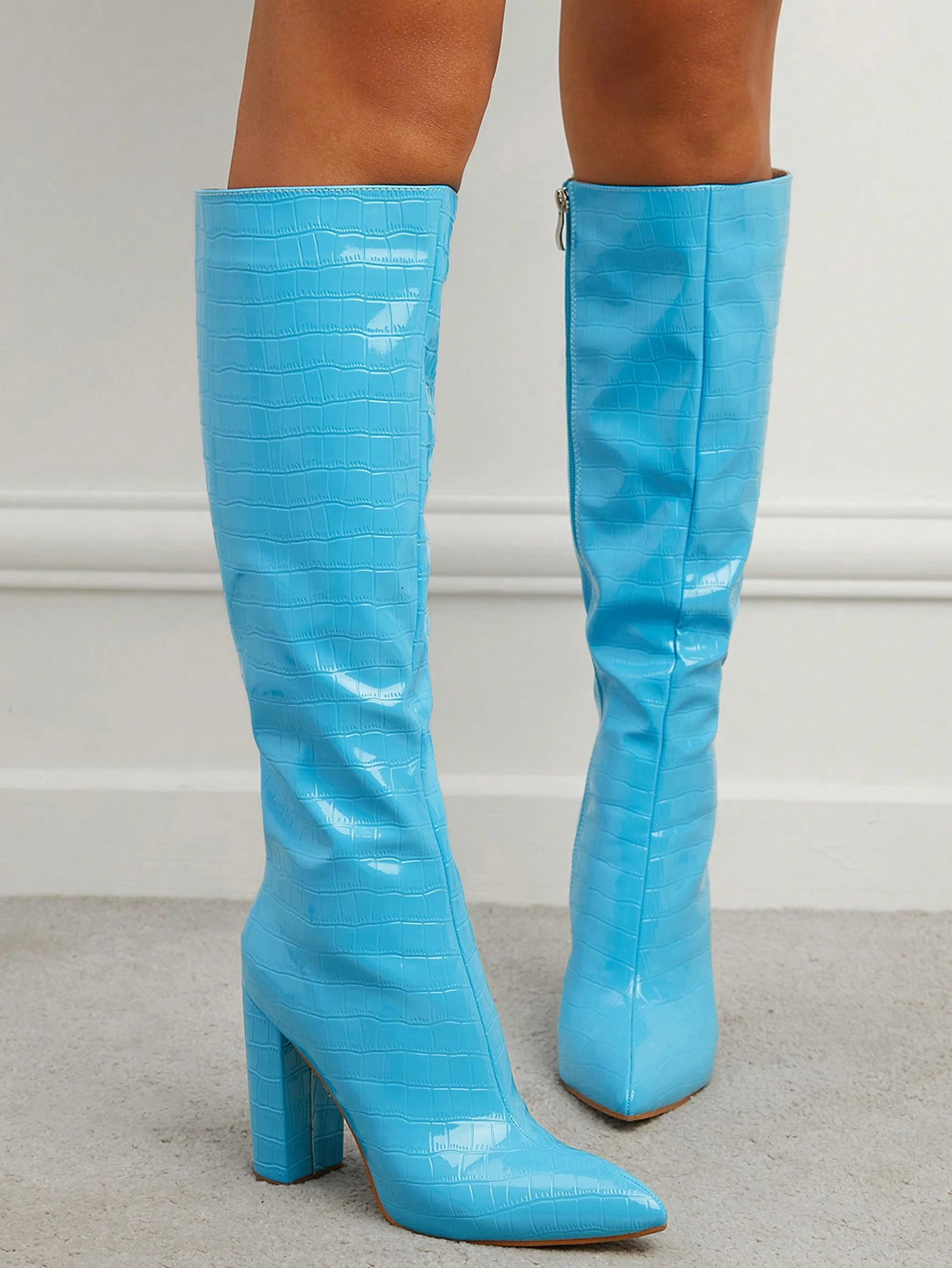 Classic Pointed Toe High Heel Over-the-knee Women's Boots With Chunky Heel, Side Zipper & Stone P... | SHEIN