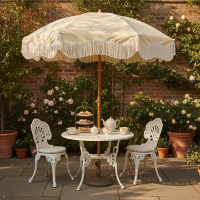 6.5Ft Boho Fringe Outdoor Umbrella, UPF50+ Picnic Umbrella With Tassels Steel Pole & Push Button Tilt, Light | Wayfair North America